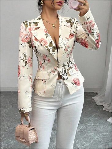 SweatyRocks Women's V Neck Floral Print Fitted Blazer Lapel Collar Long Sleeve Button Up Office Work Jackets in Saudi Arabia