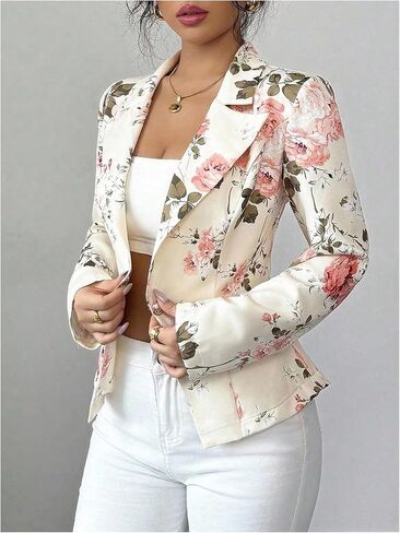 SweatyRocks Women's V Neck Floral Print Fitted Blazer Lapel Collar Long Sleeve Button Up Office Work Jackets in Saudi Arabia