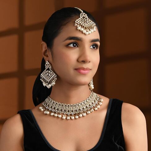 I Jewels Gold Plated Kundan Pearl Drop Choker Necklace Jewellery & Dangle Earrings Set For Women/Girls (K7273) in Saudi Arabia