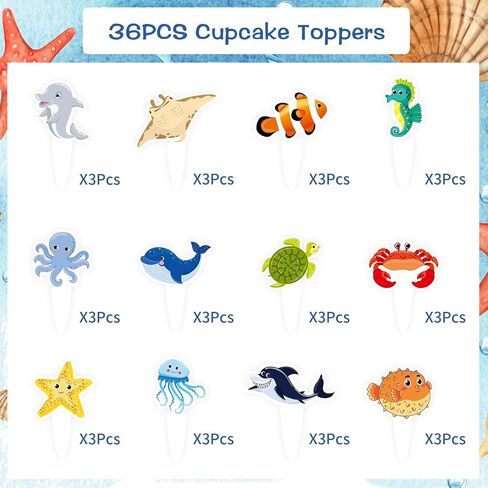 36PCS Ocean Cupcake Toppers - Under the Sea Realistic Sea Animal Cupcake Toppers Shark Cake Decorations for Ocean Theme Under the Sea Birthday Party Supplies in Saudi Arabia