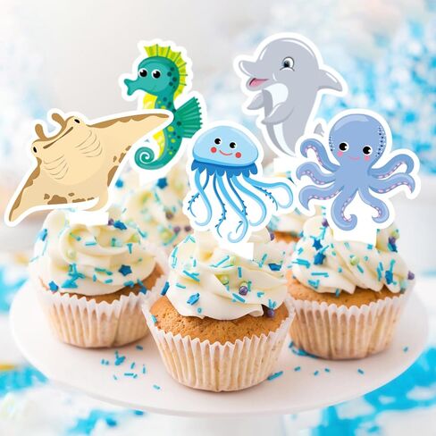 36PCS Ocean Cupcake Toppers - Under the Sea Realistic Sea Animal Cupcake Toppers Shark Cake Decorations for Ocean Theme Under the Sea Birthday Party Supplies in Saudi Arabia