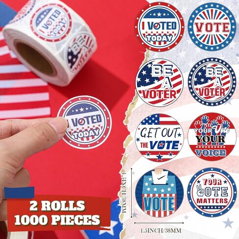 Tenceur 2 Rolls/ 1000 Pcs Be a Voter Stickers 1.5 Inch Vote Stickers White Red Blue Round Self Adhesive Labels 8 Designs Patriotic Stickers for 2024 Election Party Decorations Voting Decorations in Saudi Arabia