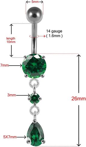 Crystal Stone Round with Teardrop CZ Stone Dangling 925 Sterling Silver with Stainless Steel Belly Button Ring in Saudi Arabia