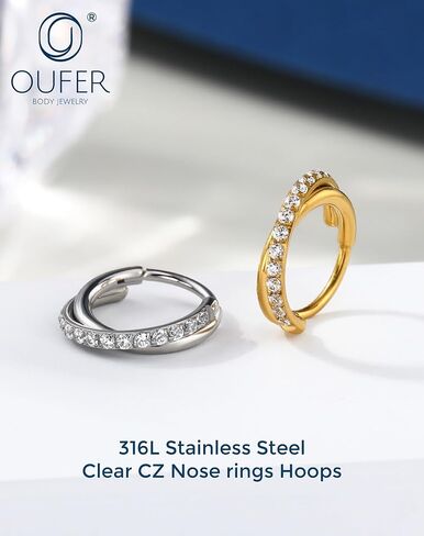 OUFER Nose Rings Hoops, 20G Clear CZ Double Hoop Nose Ring, 316L Surgical Steel Hinged Segment Nose Rings For Women, Inner Diameter 7MM Cartilage Rook Helix Lobe Tragus Daith Earrings in Saudi Arabia
