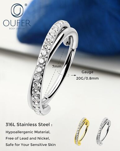 OUFER Nose Rings Hoops, 20G Clear CZ Double Hoop Nose Ring, 316L Surgical Steel Hinged Segment Nose Rings For Women, Inner Diameter 7MM Cartilage Rook Helix Lobe Tragus Daith Earrings in Saudi Arabia