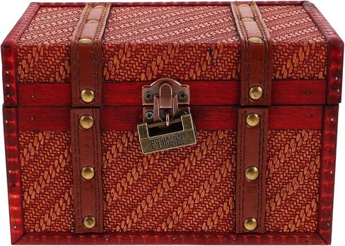 LOGOFUN Vintage Wooden Jewelry Box Retro Braided Woven Design Treasure Chest with Lock for Keepsake Home Desktop Storage Organizer Accessories - Red in Saudi Arabia