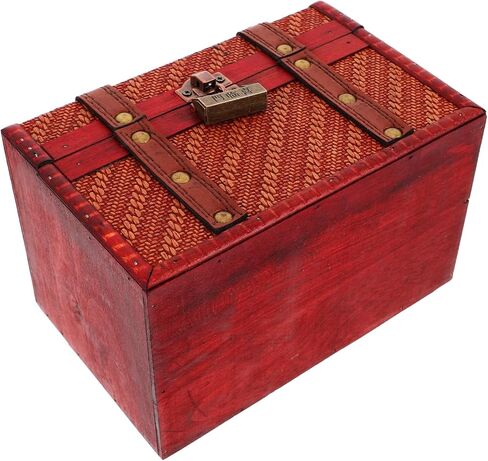 LOGOFUN Vintage Wooden Jewelry Box Retro Braided Woven Design Treasure Chest with Lock for Keepsake Home Desktop Storage Organizer Accessories - Red in Saudi Arabia