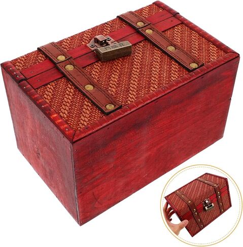 LOGOFUN Vintage Wooden Jewelry Box Retro Braided Woven Design Treasure Chest with Lock for Keepsake Home Desktop Storage Organizer Accessories - Red in Saudi Arabia