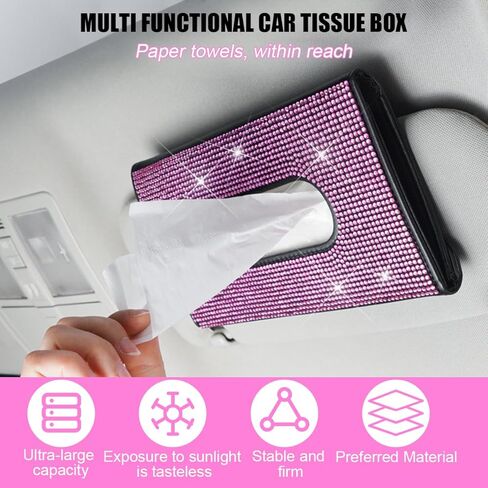 Bling Car Tissue Holder for Sun Visor, Crystal Rhinestone Leather Vehicle Paper Towel Case, Glitter Diamond Auto Napkin Clip Accessories for Women, Universal for SUV, RV, Truck (Black) in Saudi Arabia