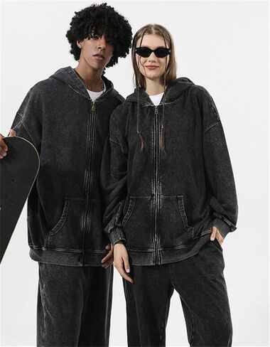 Mens Oversized Hoodies Streetwear Unisex Vintage Hoodies Zip Up Acid Wash Sweatshirt for Men Heavyweight in Kuwait