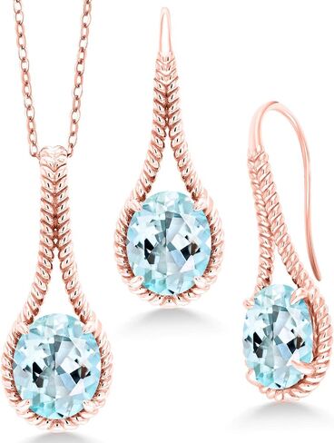 Gem Stone King 18K Rose Gold Plated Silver Blue Created Sapphire Pendant and Earrings Jewelry Set For Women | 18.00 Cttw | Oval 12X10MM | With 18 Inch Chain in Saudi Arabia