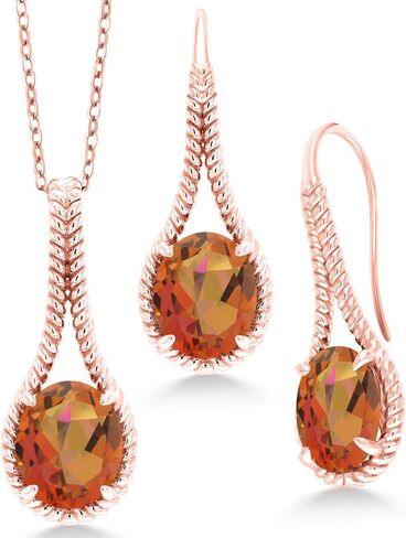 Gem Stone King 18K Rose Gold Plated Silver Blue Created Sapphire Pendant and Earrings Jewelry Set For Women | 18.00 Cttw | Oval 12X10MM | With 18 Inch Chain in Saudi Arabia