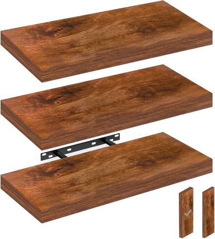 3PCS Floating Book Shelves for Wall, Wall Mounted Shelves with Invisible Brackets for Bathroom, Living Room, Bedroom and Kitchen with 25lbs Capacity - Rustic Brown(15.75 * 6.7 * 1.5inch) in Saudi Arabia