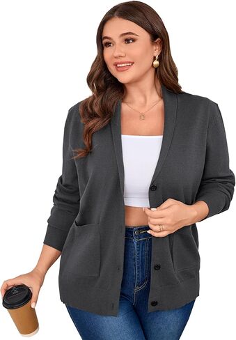 Plus Size Women's Button Front Cardigan Long Sleeve Knit Open Front Sweater with Lapel Collar and Pockets in Saudi Arabia