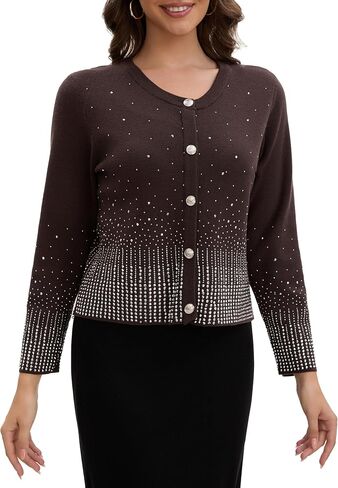 Froggirl Women's Sparkle Rhinestone Button Down Cardigan Sweater – Elegant Long Sleeve Knit Jackets Top in Saudi Arabia