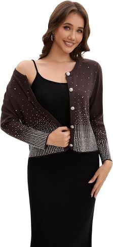 Froggirl Women's Sparkle Rhinestone Button Down Cardigan Sweater – Elegant Long Sleeve Knit Jackets Top in Saudi Arabia