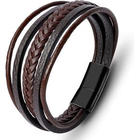 Men Leather Bracelet Multi-Layer Braided Genuine Leather with Stainless Steel Clasp, Brown Braided Leather Bracelet for Men, Mens Leather Wristband in Saudi Arabia