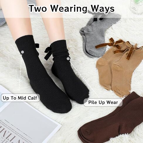 5 Pairs Velvet Bow Boot Socks for Women Girls Thick Warm Velvet Bow Leg Warmers Aesthetic Cotton Crew Socks Knit Fall Winter Christmas Stockings Gift in Saudi Arabia