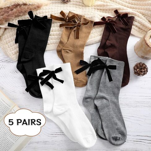 5 Pairs Velvet Bow Boot Socks for Women Girls Thick Warm Velvet Bow Leg Warmers Aesthetic Cotton Crew Socks Knit Fall Winter Christmas Stockings Gift in Saudi Arabia