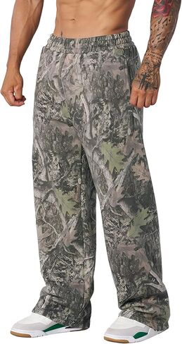 Ogfao Men's Baggy Camo Sweatpants Wide Leg Hunting Loose Joggers Workout Athletic Sweat Pants wtih Pockets in Kuwait