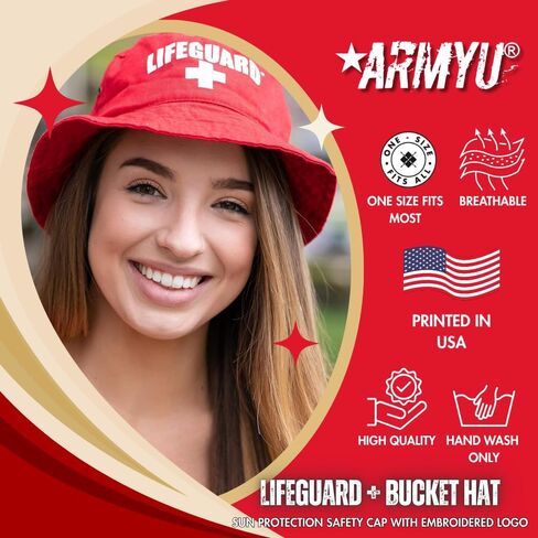Red Lifeguard + Bucket Hat - Unisex Sun Protection Embroidered Logo Uniform Safety Cap for Men & Women in Saudi Arabia