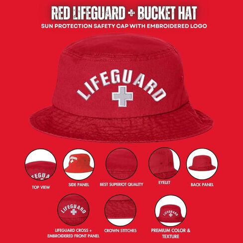Red Lifeguard + Bucket Hat - Unisex Sun Protection Embroidered Logo Uniform Safety Cap for Men & Women in Saudi Arabia
