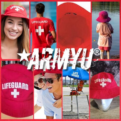 Red Lifeguard + Bucket Hat - Unisex Sun Protection Embroidered Logo Uniform Safety Cap for Men & Women in Saudi Arabia