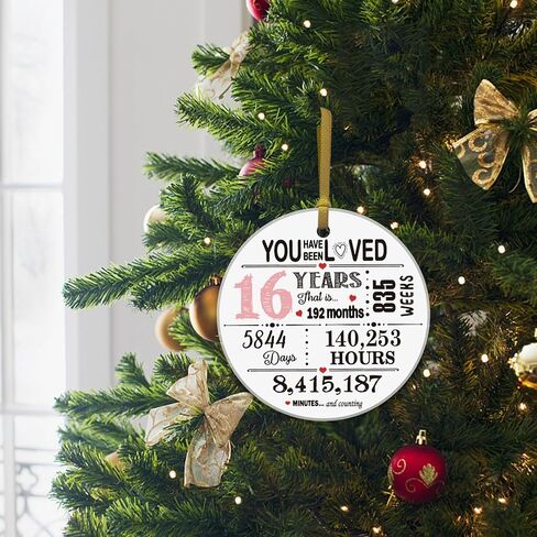 REWIDPARTY Sweet 16 Ornament for Girls 16th Birthday Gift Idea Christmas Decoration Keepsake Sign Round Plaque Gifts for Daughter Niece Sister 3" Circle Ceramic Ornament with Gold Ribbon & Gift Box in Kuwait