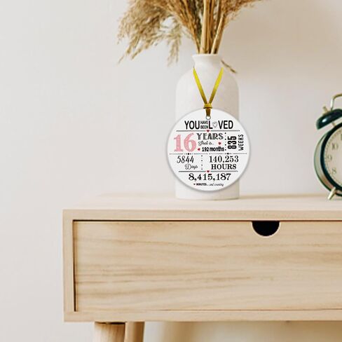 REWIDPARTY Sweet 16 Ornament for Girls 16th Birthday Gift Idea Christmas Decoration Keepsake Sign Round Plaque Gifts for Daughter Niece Sister 3" Circle Ceramic Ornament with Gold Ribbon & Gift Box in Kuwait