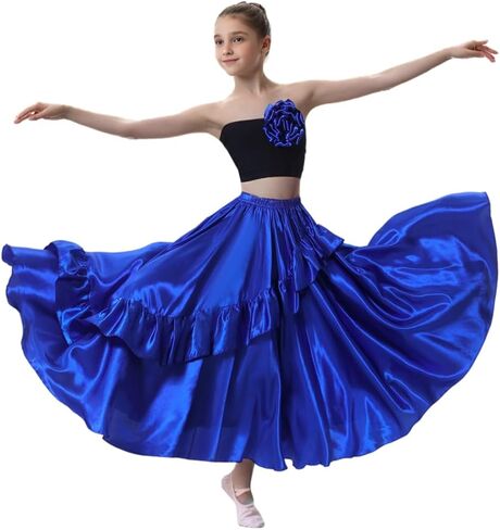 Girls Ruffle Style Dance Skirt - Long Ankle Length Circle Maxi Dancewear for Dance Class Practice & Dance Performance in Kuwait