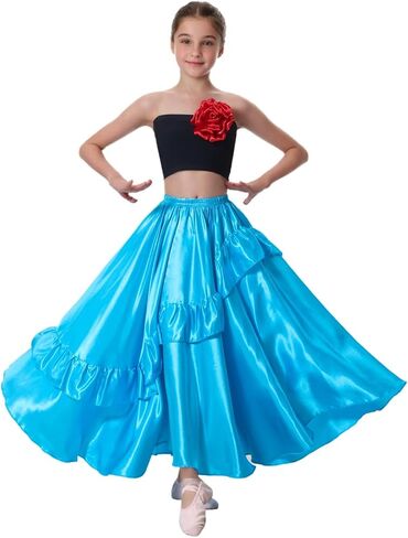 Girls Ruffle Style Dance Skirt - Long Ankle Length Circle Maxi Dancewear for Dance Class Practice & Dance Performance in Kuwait