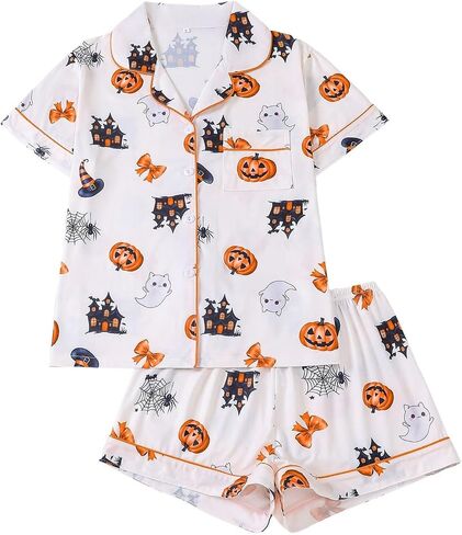 Halloween Pajamas Women Two-Piece Ghost Pumpkin Print Pajama Set Button Down Shirts and Shorts Sleepwear Loungewear in Saudi Arabia