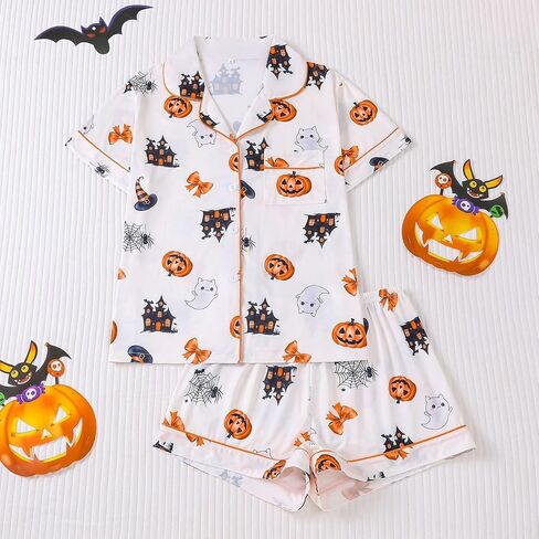 Halloween Pajamas Women Two-Piece Ghost Pumpkin Print Pajama Set Button Down Shirts and Shorts Sleepwear Loungewear in Saudi Arabia
