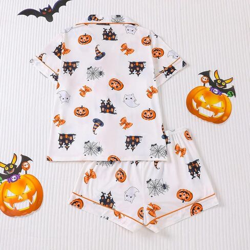Halloween Pajamas Women Two-Piece Ghost Pumpkin Print Pajama Set Button Down Shirts and Shorts Sleepwear Loungewear in Saudi Arabia