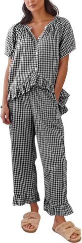 Gihuo Gingham Pajama Set for Women Pjs Plaid Ruffle Top and Pants Lounge Sleepwear in Saudi Arabia
