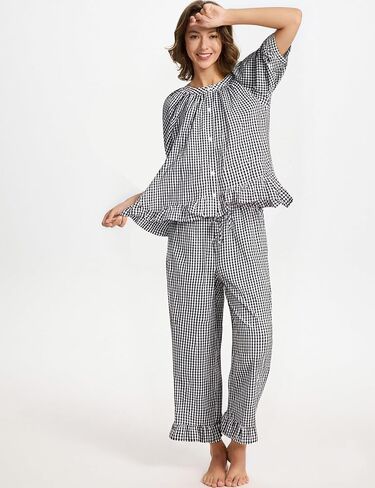 Gihuo Gingham Pajama Set for Women Pjs Plaid Ruffle Top and Pants Lounge Sleepwear in Saudi Arabia