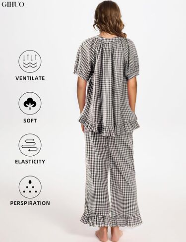 Gihuo Gingham Pajama Set for Women Pjs Plaid Ruffle Top and Pants Lounge Sleepwear in Saudi Arabia
