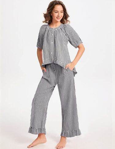 Gihuo Gingham Pajama Set for Women Pjs Plaid Ruffle Top and Pants Lounge Sleepwear in Saudi Arabia