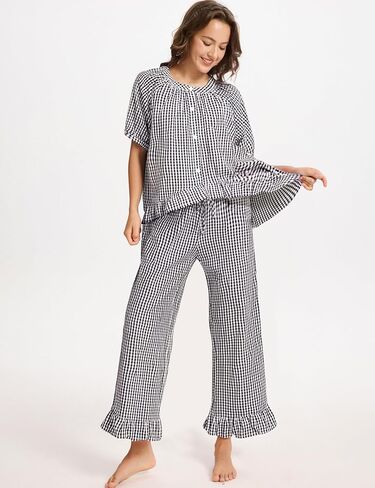 Gihuo Gingham Pajama Set for Women Pjs Plaid Ruffle Top and Pants Lounge Sleepwear in Saudi Arabia