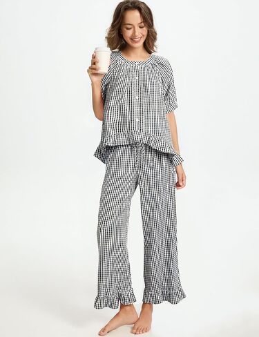 Gihuo Gingham Pajama Set for Women Pjs Plaid Ruffle Top and Pants Lounge Sleepwear in Saudi Arabia