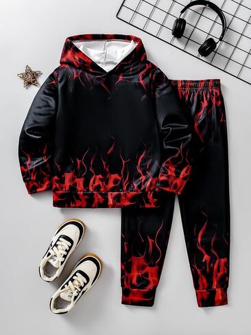الأولاد Sweatsuits قطعتين السراويل مجموعة 3D النار المطبوعة هوديس البلوز و Sweatpants مجموعة الزي مجموعات لصبي 5-14Y in Kuwait