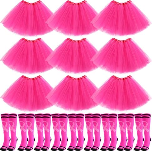 9 Sets Breast Cancer Awareness Costume for Women Pink Tutu Skirt and Pink Ribbon Knee High Socks with Stripes Breast Cancer Awareness Gifts for Adult Men Women Football Sport Activities in Saudi Arabia