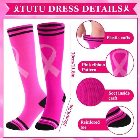 9 Sets Breast Cancer Awareness Costume for Women Pink Tutu Skirt and Pink Ribbon Knee High Socks with Stripes Breast Cancer Awareness Gifts for Adult Men Women Football Sport Activities in Saudi Arabia