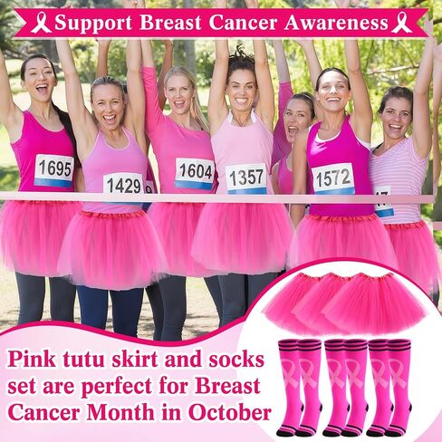 9 Sets Breast Cancer Awareness Costume for Women Pink Tutu Skirt and Pink Ribbon Knee High Socks with Stripes Breast Cancer Awareness Gifts for Adult Men Women Football Sport Activities in Saudi Arabia