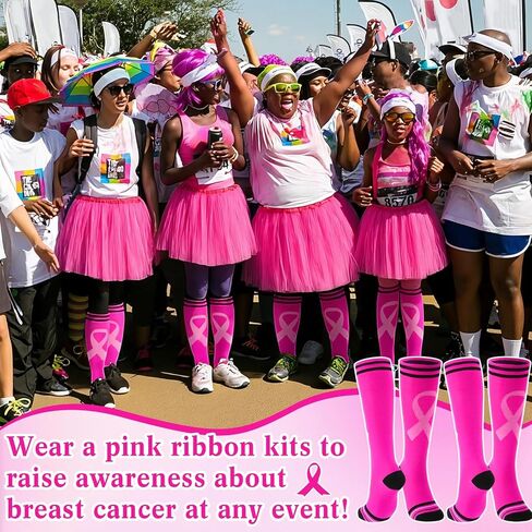 9 Sets Breast Cancer Awareness Costume for Women Pink Tutu Skirt and Pink Ribbon Knee High Socks with Stripes Breast Cancer Awareness Gifts for Adult Men Women Football Sport Activities in Saudi Arabia