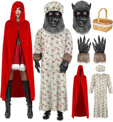 7 Pcs Couples Halloween Wolf Granny Costume Red Hooded Cape for Adult Werewolf Cosplay with Gloves Mask Basket in Saudi Arabia