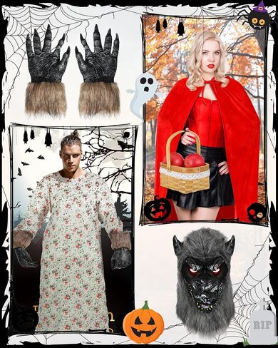 7 Pcs Couples Halloween Wolf Granny Costume Red Hooded Cape for Adult Werewolf Cosplay with Gloves Mask Basket in Saudi Arabia