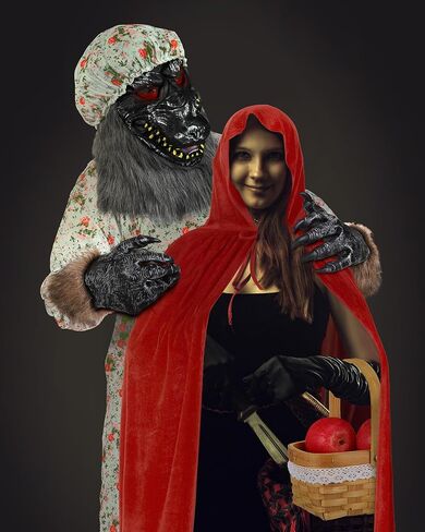 7 Pcs Couples Halloween Wolf Granny Costume Red Hooded Cape for Adult Werewolf Cosplay with Gloves Mask Basket in Saudi Arabia