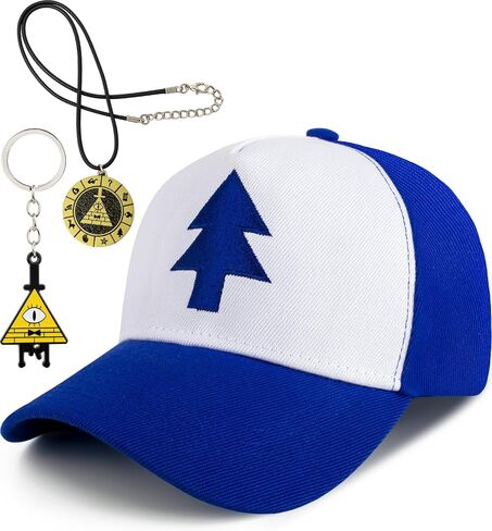 Dipper Hat Embroidered Blue Baseball Cap with Necklace and Keychain, Cosplay Costume Accessories Set in Saudi Arabia