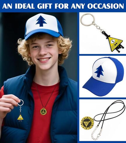 Dipper Hat Embroidered Blue Baseball Cap with Necklace and Keychain, Cosplay Costume Accessories Set in Saudi Arabia
